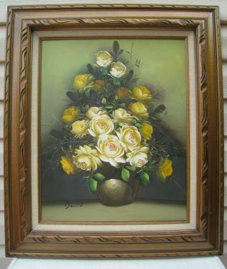 Vintage Framed Oil Painting White And Pale Yellow Roses In Vase Signed By Artist