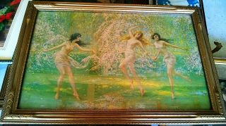 Antique 1920s F.  W.  Read Ethereal Fine Art Pin - Up Print Lithograph Forest Nymphs