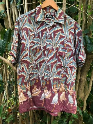 Vintage Stussy Hawaiian Aloha Shirt L Large Hula Dancer Palm Trees Loop Collar