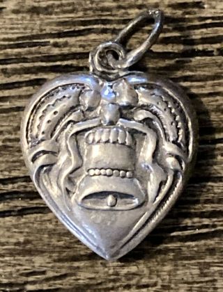 1940s Vtg Sterling Silver Puff Puffy Heart Repousse Bracelet Charm Bell (3 - 231)