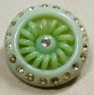 Antique Vtg Button Pale Green Extruded Celluloid W Clear Pastes I7