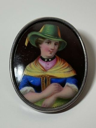 Antique 800 Silver Portrait Miniature Peasant Woman Lady Green Hat Brooch