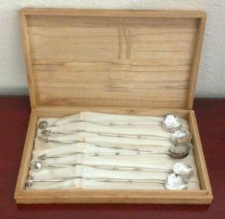 Vintage Set Of (6) 950 Sterling Silver Demitasse Bamboo Spoons.  W/wooden Box