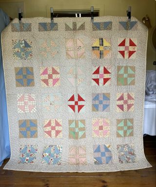 Antique Cotton Feed Sack Handmade Quilt Patchwork Quilted Print Sashing 76 " X67 "