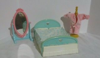 Fisher Price Loving Family Dollhouse Bedroom Set Bed Mirror Coat Rack