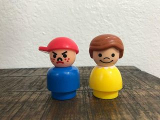 2 Fisher Price Little People 3 " Bully Boy Red Hat Blue Freckles Girl Brown Hair