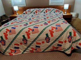 Vintage United Colors Of Benetton Flags Quilted Queen Bedspread Comforter