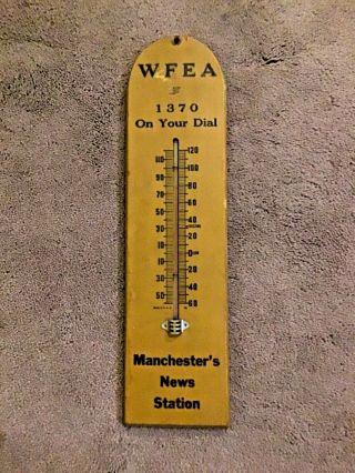 Antique Manchester,  Nh News Station Wfea Wooden Advertising Thermometer - 15”x4”