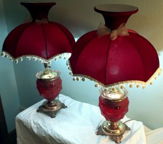 Victorian Red Glass Lamp Set Antique Converted From Oil - Rare Decorative Antiqu