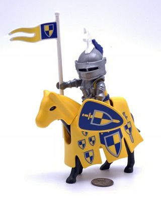 Playmobil Figure - Knight On Horse Yellow Blue Armor Coat Flag Shield Sword