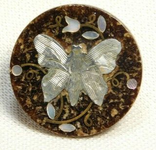 Antique Vtg Button Small Pearl Brass Inlay Butterfly Insect