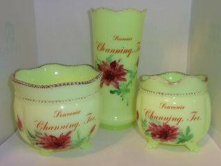 Antique Eapg Custard Vaseline Glass Channing Texas Souvenir Sugar Creamer & Vase