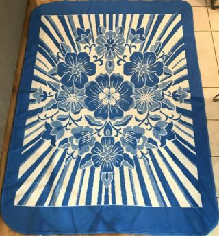 Vintage San Marcos Blanket Reversible Blue White Floral Flower 69 " X 95 " Huge