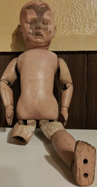 Vintage 16” Schoenhut Wooden Doll With Spring Joints Distressed