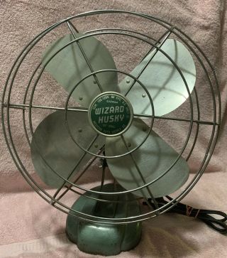 Vtg Western Auto Wizard Husky 12 " Oscillating Teal Blue Table Or Wall Mount Fan