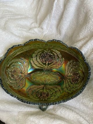Fenton Antique Carnival Glass Green Thistle And Water Lily Console Bowl