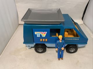 Vintage Fisher - Price Tv Van With Roof Platform & Action Figure.  309,  1977