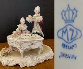 Antique Dresden Victorian Porcelain Woman Playing Piano & Man Flute Figurine