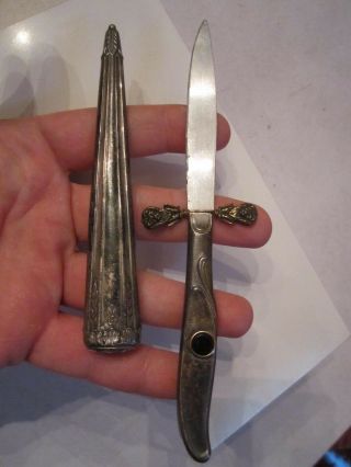 Antique Sterling Silver Letter Opener With Cover With Lions Attached - Bba - 10