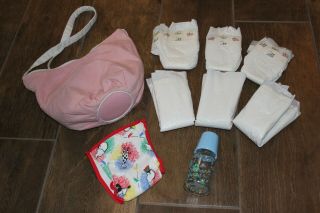 Vintage Baby Doll Play Pretend Pink Diaper Bag W Disney Pampers Bottle & Bottoms