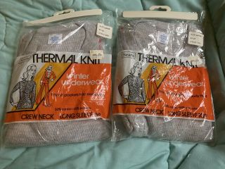 (2) Vtg Sears Thermal Knit Winter Underwear Crew Neck Long Sleeve Top Large