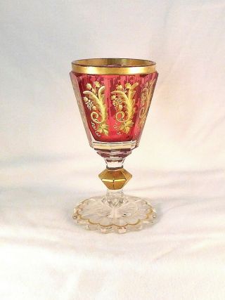 Antique Biedermeier Wine Glass Bohemian Or German Clear Over Cranberry Red Glass