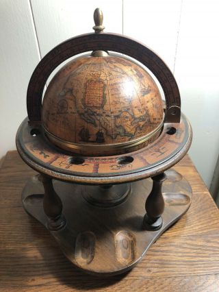 Vtg Wood Old World Globe Zodiac/astrology Signs Pipe Stand/humidor/ashtray Italy
