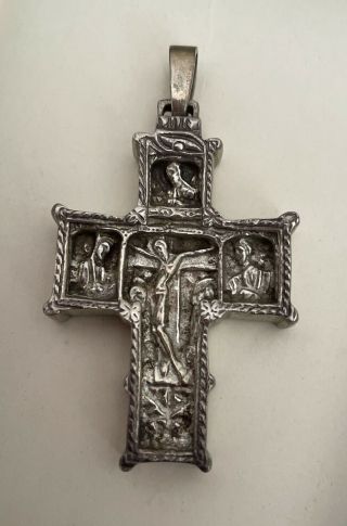 Antique Intricate Scene Artisan 925 Sterling Silver Crucifix Cross Pendant Latin