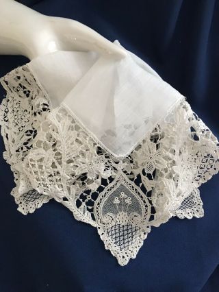 Antique Irish Youghal Needle Lace Wedding Handkerchief Hankie