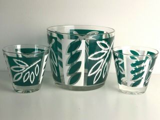 Vintage Mcm Hazel Atlas Glass Ice Bucket & 2 Glasses Emerald Green Leaves Rare