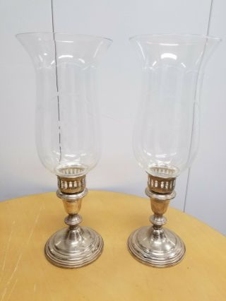 Pair Empire Weighted Sterling Silver Glass Candle Holders Hurricane Shade 12.  5 "