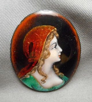 Antique French Limoges Enamel On Copper Oval Lady Portrait - Part For Brooch