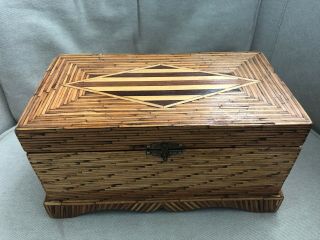 Vintage Folk Tramp Art Wooden Wood Matchstick Dresser Box Diamond Inlaid Wood