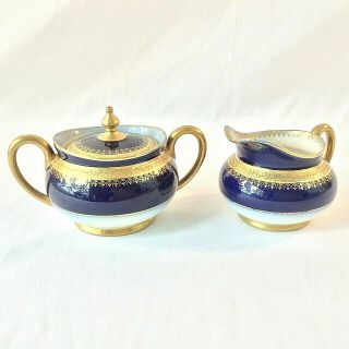 Jean Pouyat Limoges Antique Set Sugar Bowl Creamer Cobalt Blue Gold France