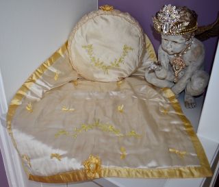 Gorgeous Antique 1908 Blanket & Pillow Embroidered Ribbon Work Bassinet Set