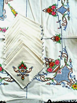 Vintage Hand Cross Stitch Tablecloth “large” 100 " X 66 " W/ 11 Napkins 15 "