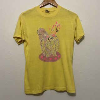 Vintage 70s Cat Kitten Paper Thin T - Shirt Yellow Large Kawaii Cottage Grunge 80s