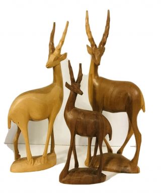 Vtg Mid Century Modern Gazelle Antelope Hand Carved Wood Figurine Statue Trio