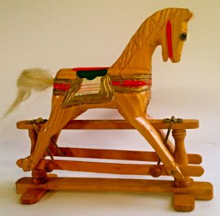Vintage Wooden Christmas Gliding Horse W Amber Glass Eyes For Doll Display