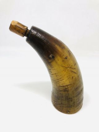 Antique Civil War Era Powderhorn Gun Powder Horn Flask w/ Wooden Plug 2
