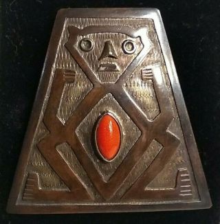 Antique Rare Ecuador Hand Hammered 900 Silver & Red Coral Pendant/pin Brooch
