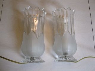 Vtg Antique Set Of Glass Lamps - Clear Etched Flower Electric W Switch 8 " H X 4 " W