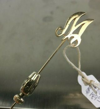 Antique 14k Gold Victorian Monogrammed Hat Lapel Stick Pin Vtg " M " Ds61