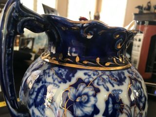 ANTIQUE D.  F.  HAYNES CO.  OF BALTIMORE FLOW BLUE WHITE GOLD HAND PAINTED PITCHER 3