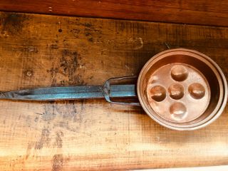 Antique Primitive Hand Hammered Copper Pan For Eggs With Long Forged Iron Handle