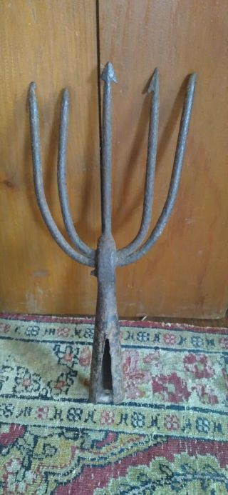 Antique Early Primitive Metal Hand Forged 5 Prong Fish Eel Gig 10 " Dark Surface