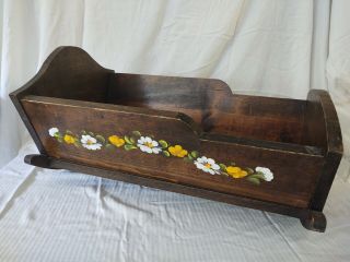 Vintage Antique Wooden Doll Cradle Bed,  Hand Painted Folk Art Decorated Crib