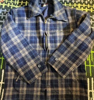 Vintage Johnson Woolen Mills Jacket Blue Plaid Wool Hunting Mens Large Size 42
