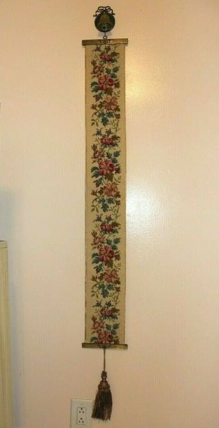 Antique H.  Boje 44 " X 5.  5 " Needlepoint Embroidery Bell Pull W Bell Hanger & Bell