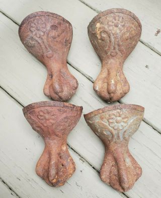 Set Of 4 Antique Cast Iron Ball And Claw Foot Tub Feet Ornate Flowers